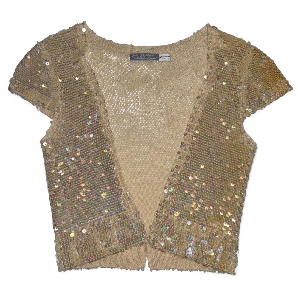 JANE WHEELER England Hand-Knit Cream Sequin Cashmere Shrug Cardigan Jacket SZ M